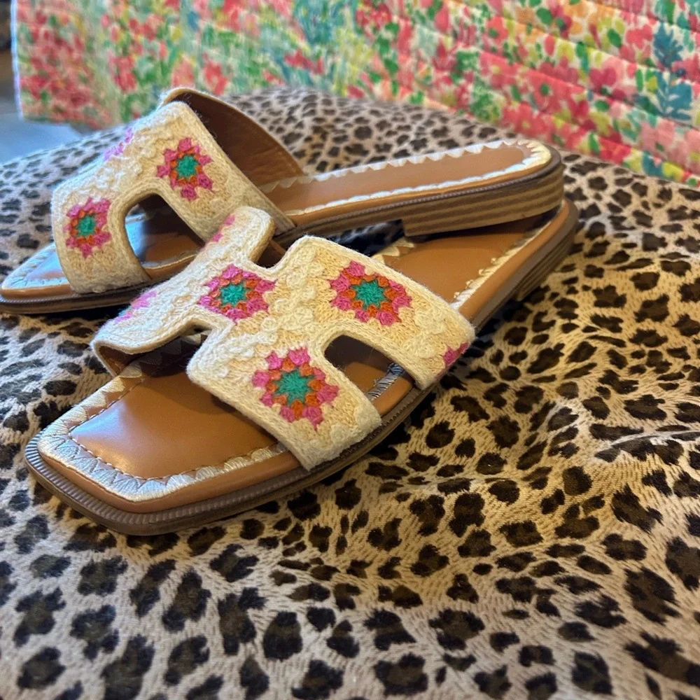 Madden Girl Tan Sandals with Pink and Green Embroidery - Picture 2 of 2